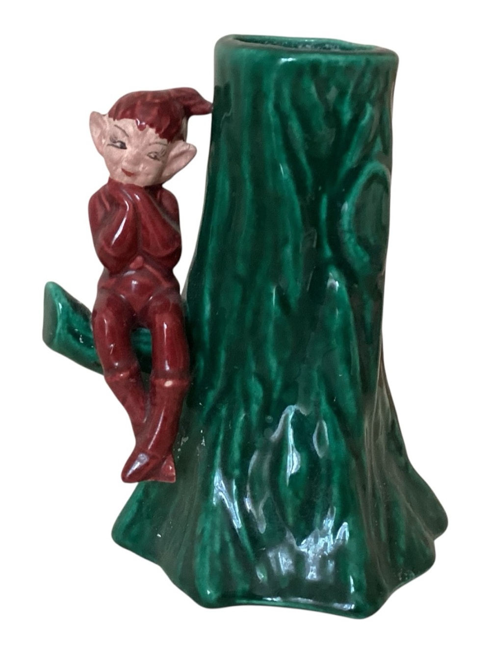 Vintage 50’s Gilner Green Tree Stump Vase Burgundy Elf Figurine 6”